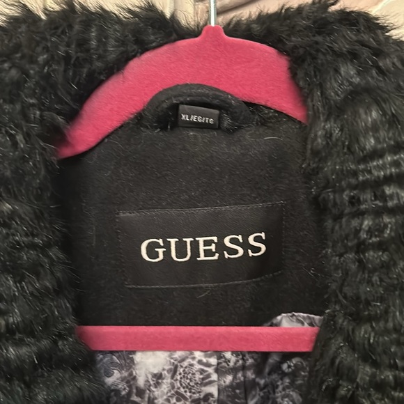 Black GUESS coat lamb collar XL GUESS runs small double breasted gold buttons - Picture 2 of 4